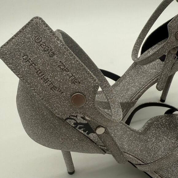 OFF-WHITE Virgil Abloh Glitter Zip Tie Silver Heeled Sandal NWB EU 39 US 9 $1195 - Picture 3 of 9
